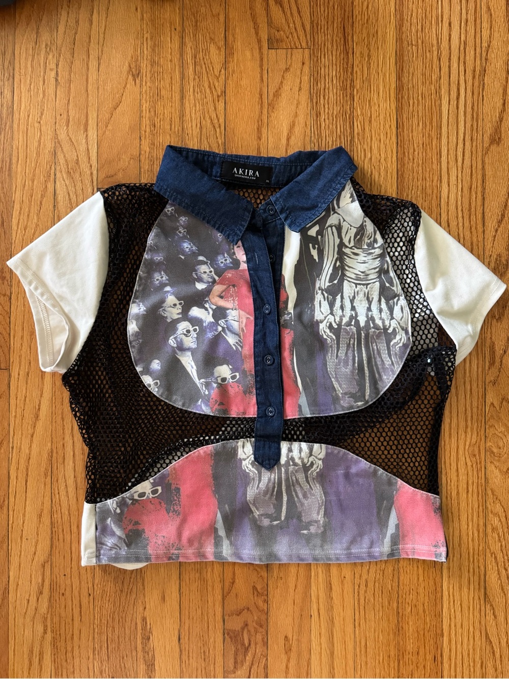 AKIRA Navy Denim-Collar Mesh Polo with Multi-Color Graphic Panels